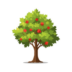Vibrant deciduous tree vector illustration featuring lush green foliage with scattered red leaves, perfect for nature, autumn, and environmental graphic design projects