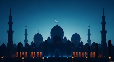 Obraz premium Ethereal blue twilight descends upon a magnificent mosque, its domes and minarets silhouetted against a sky with a glowing crescent, a concept of peaceful reflection