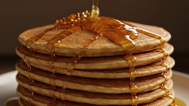 A stack of pancakes on a white plate, topped with syrup being poured over them, against a dark background. Perfect for breakfast, food blogs, and recipe websites.