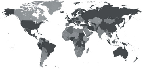 Fototapeta premium Detailed world map vector illustration with gray continents and precise coastlines isolated on white background for geography education global logistics and travel business designs