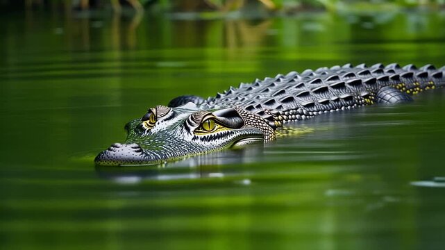 Crocodile in green swamp water closeup.