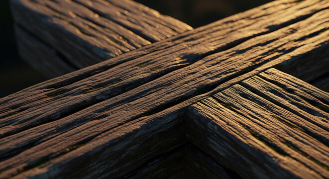 Closeup of weathered wooden cross with dramatic lighting.