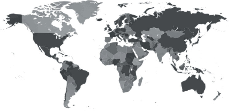 Detailed world map vector illustration with gray continents and precise coastlines isolated on white background for geography education global logistics and travel business designs