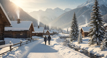 Idyllic Winter Village with Wooden Cabins and Snowy Mountains