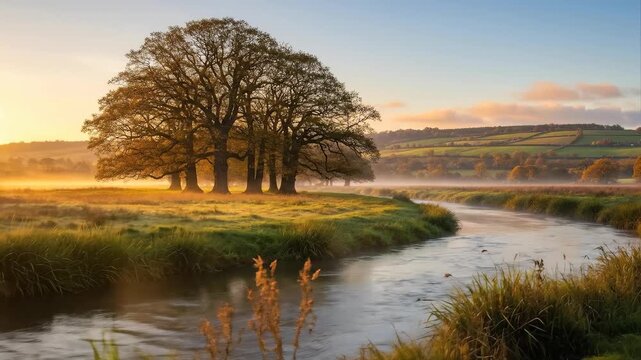 Golden Sunrise Over Misty English Countryside River and Ancient Oak Trees.
