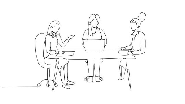 Animated self drawing continuous line draw formal three professional women collaborating at desk with laptop. Female colleagues engaged in a focused business discussion. Full length one line animation