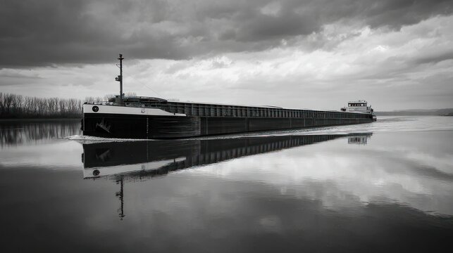 Long barge cruises serene waters, reflection mirrors dramatic sky, landscape on horizon
