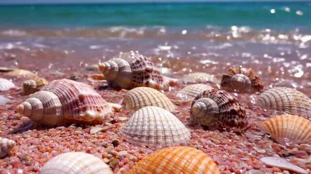 Collection of seashells on a beach with pebbles and ocean in the background viewed from a low angle
