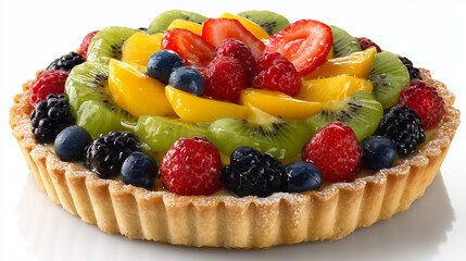白背景に映えるキウイや桃とベリー類を贅沢にトッピングした色彩豊かなフルーツタルトのホールイメージ