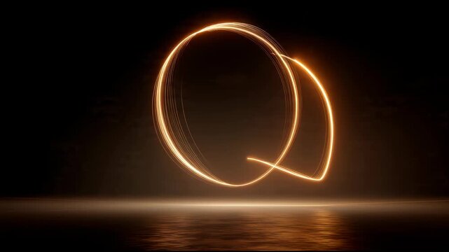 Glowing neon letter Q in dark background with light trails