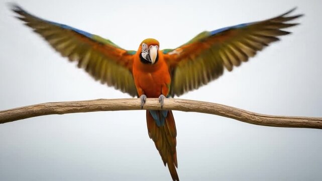 A vibrant orange macaw with spread wings perched on a branch against a gray background. Perfect for wildlife illustrations, bird designs, and educational materials.