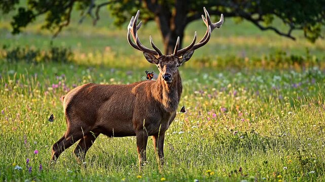 Elk standing in green grass field.