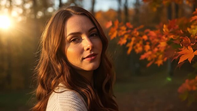 Autumn Beauty Woman smiles in golden light amidst fall foliage.