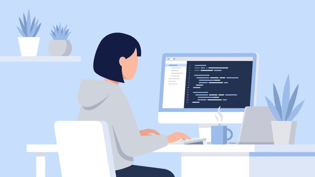 Female Programmer Coding on Desktop with Code Display