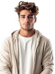 Obraz premium Confident Individual Portrait: A handsome, young man with captivating gaze stands confidently, embodying contemporary charm.