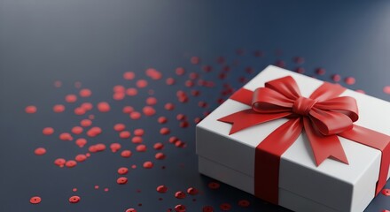 Obraz premium Gift box with red ribbon and scattered confetti
