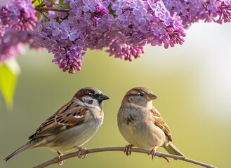 Springtime Sparrows Among Lilacs