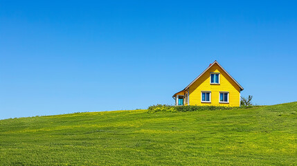 Obraz premium Bright yellow house standing alone on a lush green hillside under a clear blue sky