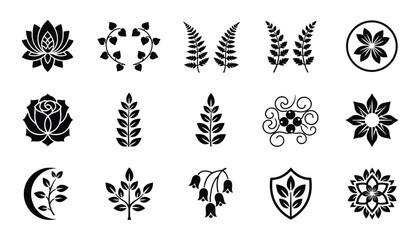 Set of fifteen fern branch floral outline icons on transparent background for print materials © GoDesigner