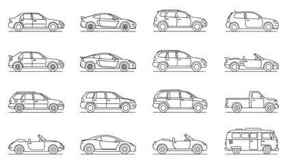 Set of various car models design line art drawing outline vector illustration © GoDesigner
