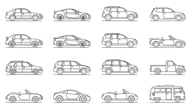 Set of various car models design line art drawing outline vector illustration