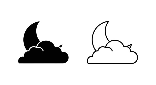 Moon and cloud weather icon set. Includes crescent moon and fluffy cloud symbols. Created in solid fill and outline styles with black and white palette.