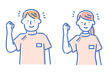 ケーシー白衣を着て笑顔でガッツポーズする若い看護師の男女