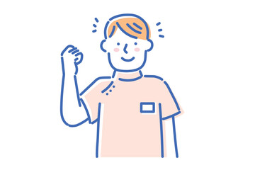 ケーシー白衣を着て笑顔でポーズを取る若い看護師の男性イラスト