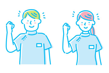 ケーシー白衣を着て笑顔で元気な若い看護師の男女イラストセット