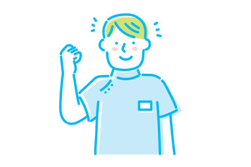 ケーシー白衣を着て笑顔でガッツポーズする若い看護師の男性イラスト