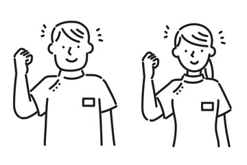 ケーシー白衣を着て笑顔でガッツポーズする若い看護師の男女イラスト　白黒