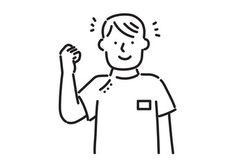 ケーシー白衣を着て笑顔の若い看護師の男性イラスト　白黒