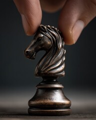 Strategic Move: Human Hand Placing Chess Knight on Board