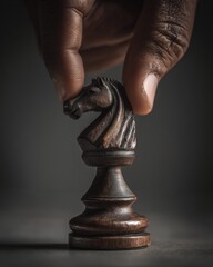 Strategic Move: Human Hand Placing Chess Knight on Board