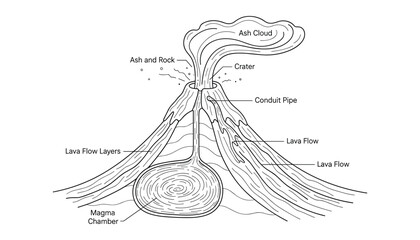 Volcano diagram with magma chamber lava flow ash cloud conduit pipe vent crater rock layers outline © GoDesigner