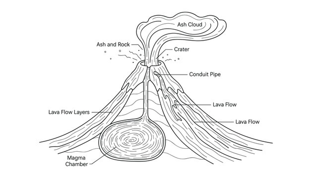 Volcano diagram with magma chamber lava flow ash cloud conduit pipe vent crater rock layers outline
