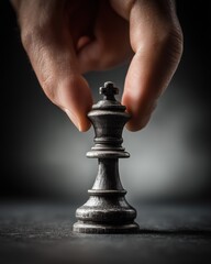 Close-up of Hand Moving Black Chess King Piece
