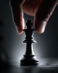 Close-up of Hand Moving Black Chess King Piece