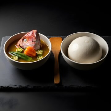Coconut Fish Broth and Plantain Fufu Duo &ndash; Dramatic Textural Contrast Studio Shot