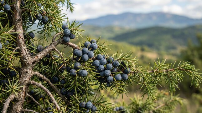 Branch with fresh ripe blue juniper berries in garden, green foliage backdrop, aromatic botanical plant