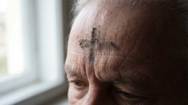 Ash cross on forehead of person during Lent