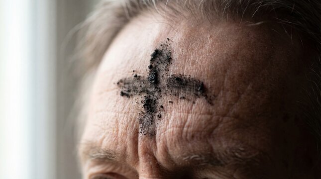 Ash cross on forehead of person during Lent