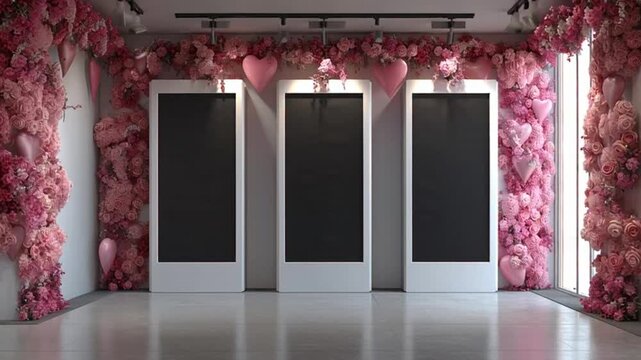 Valentine's Day promotional booth decorated with pink flowers and hearts inside a modern shopping mall