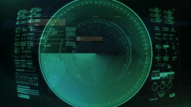 Radar Screen Map Technology Animation. Concept Radar Scanning Navigation on Black Background. Radar Screen HUD Display With Map, Location, Air Plane Enemy Attack Radar Search System.