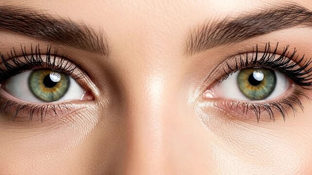 A mesmerizing close-up of a human's eyes transitioning from a state of gentle closure to wide open, revealing striking green and hazel irises. This detailed shot beautifully highlights long, prominent