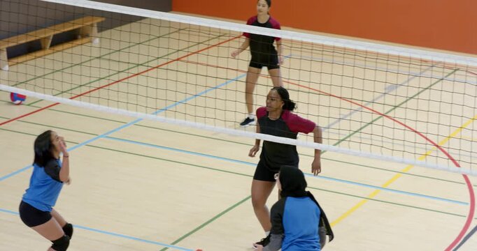 Blue-team server tossing volleyball in gym, blocker springing, deflecting ball for point