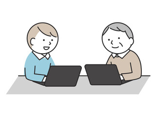 パソコン操作を学ぶシニアの男性と若い男性　ワークショップや商談に参加する多世代の日本人イラスト