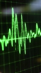 Close up of an electrocardiogram monitor displaying green heart rhythm line on a black grid background