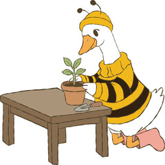 Funny Goose character dressed as a giant bee, complete with wings and antennae, is planting a tree.