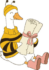 Adorable goose character dressed as a giant bee, complete with wings and antennae, is about to open and read a letter.